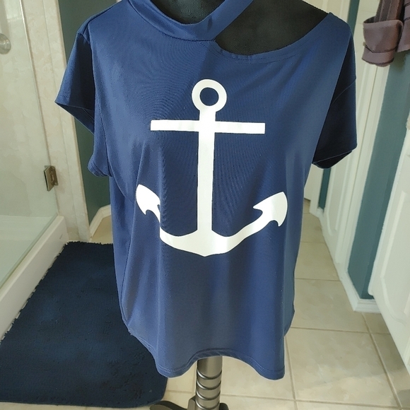CBR Navy Blue Anchor Tee Cap Sleeves Decorative Neckline XL NEW - Picture 3 of 10